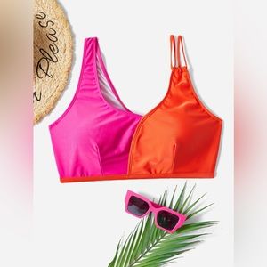 Plus Two Tone Asymmetrical Shoulder Bikini Top